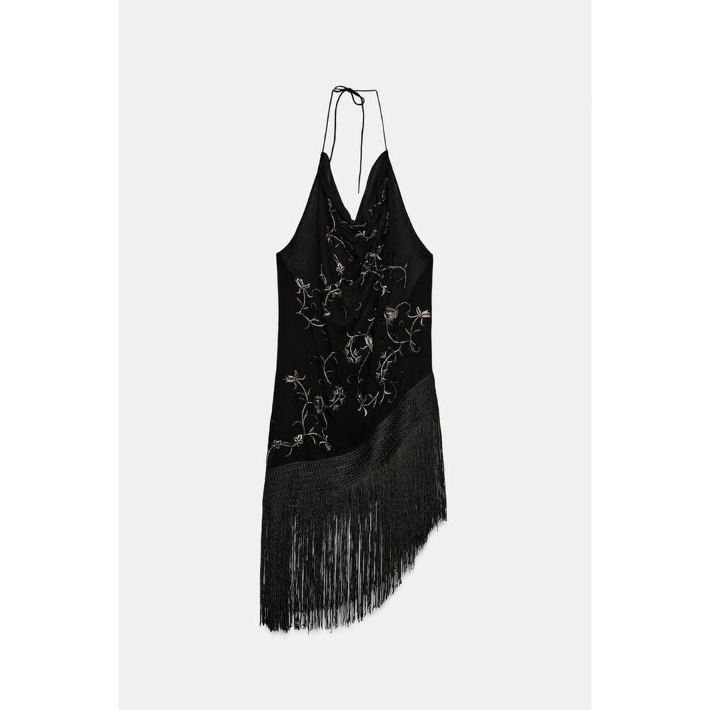 NEW ZARA ZW Collection Women Embroidered Macrame Fringe Halter Top Black - Picture 7 of 8